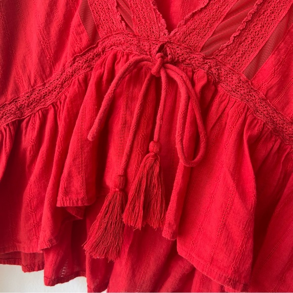 Free People Red Long Sleeve Babydoll Blouse - Picture 3 of 9